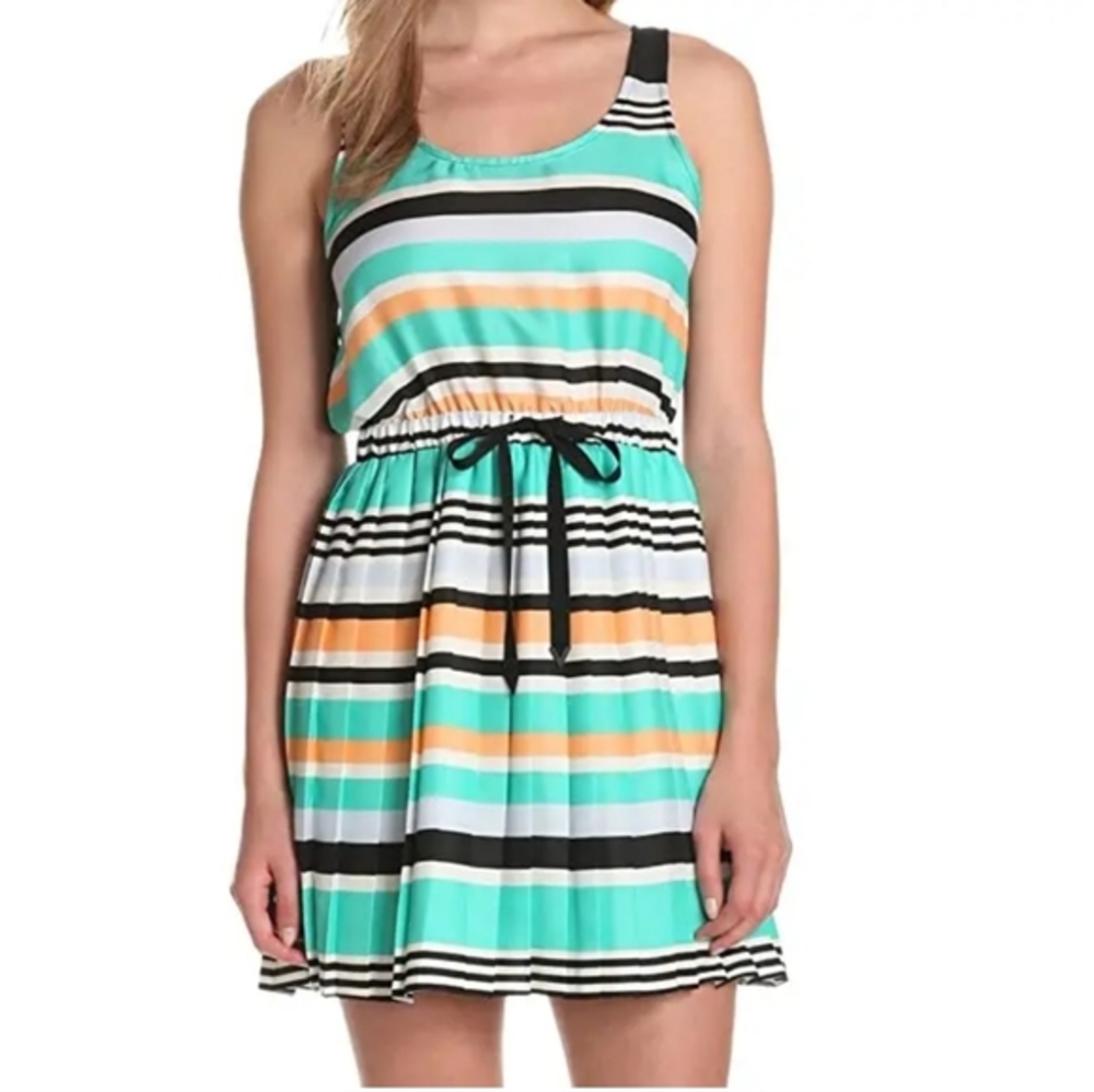 BCBGeneration Pleated Dress Womens Size‎ M Caribbean Sea Striped Sleeveless
